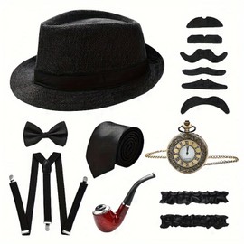 1920s Flapper Gatsby Accessories Costume Set Fashion Roaring 20's Cosplay Theme Set with Headband Headpiece for Women Men (Black, Mens)
