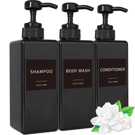 Shampoo and Conditioner Dispenser, Refillable Plastic Shampoo Pump Bottles with Waterproof Labels, Empty Body Wash Dispenser Set for Bathroom, Shower Soap Bottles (Black, Set of 3, 16.9oz)