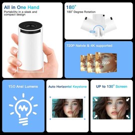 Mini Projector with WIFI 6 and Bluetooth, 4K 1080P Support Portable Projector, Built-in App, Android 11, 150 ANSI, Auto Keystone Correction, 40"-130" Screen Video Projector for Laptop/PC/Smartphone