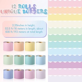 Ctosree 12 Roll 630 ft Colorful Bulletin Board Borders Bulk Scalloped Rolled Border Trim for Classroom Back to School Chalkboard(Macaron Color)