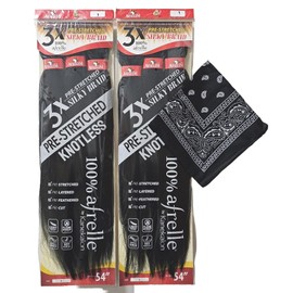 Afreezm Pre-Stretched Silky Braiding Hair 3X with Bandana - 2 Packs - 54 inches (#1)