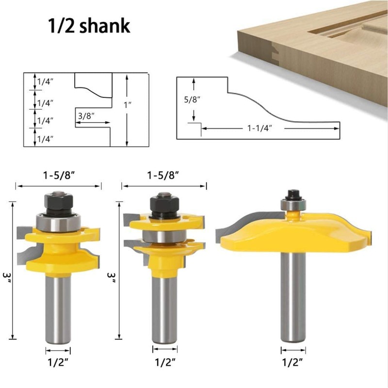 APLUS 3Pcs Tongue Groove Router Bits Set, 1/2" Shank Ogee