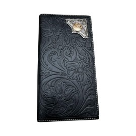 Western Stakes Men’s Long Leather Wallet – Gold Cowboy Praying at Cross Concho with Floral Tooled Design – Western Faith Wallet for Ranchers, Cowboys & Gift Ideas