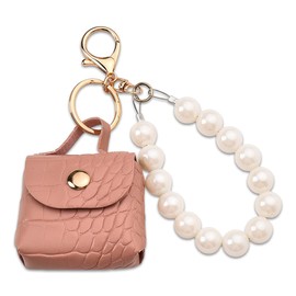 Pearl Beaded Wristlet Keychain for Women Pink Handbag Bag Keychain Charm Earphone Keychain Case Pouch Change Coin Purse Keychain for Girls Cute Door Car Keys Keychain Keyring Organizer