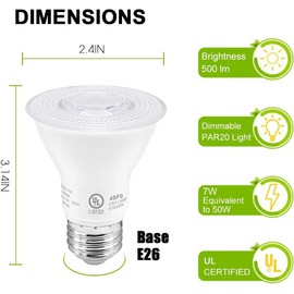 7W Par20 LED Bulb (50W Equivalent), UL Listed, 5000k Daylight White Dimmable Flood Bulbs Lights, 500 Lumens, E26 Base, Recessed Lighting for Indoor Outdoor, 12 Pack