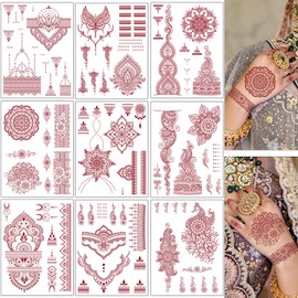 9 Sheets Brown Temporary Tattoo Kit, Waterproof Tattoo Stickers for Women Wedding Party Festival Lotus Mandala Flower Temporary Tattoos