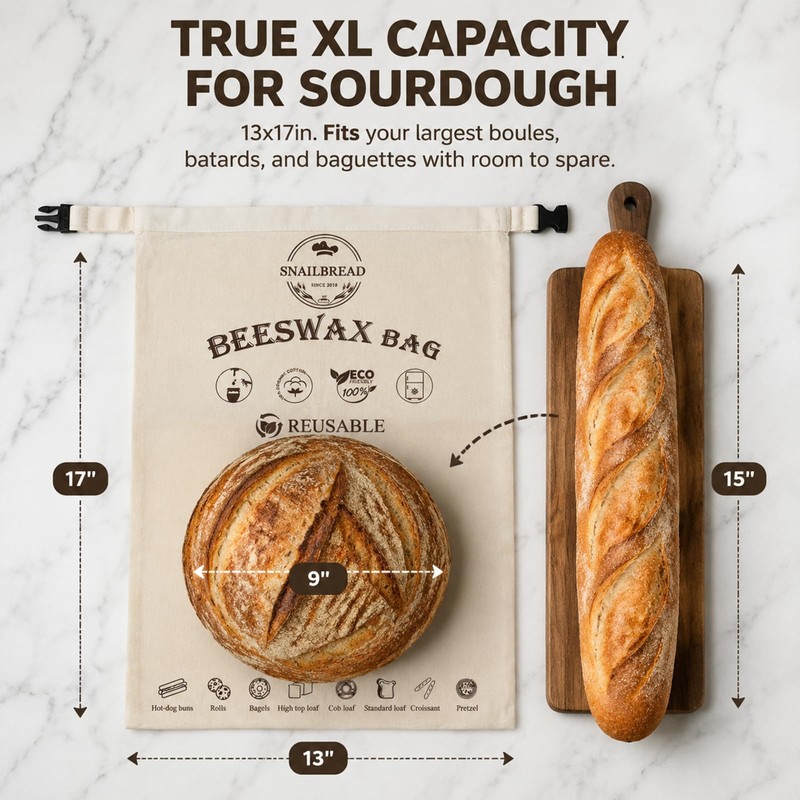 XL Reusable Beeswax Bread Bags with Zipper, 2 Pack for