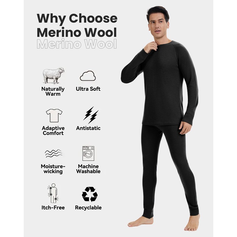 woolcano Men's Merino Thermal Set, 100% Wool Base Layer Lightweight