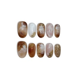 TENPAL Cat Eye Press On Nails 10 Pcs with Tools Kit,Handmade Amber Coffee Ombré Glue on Nails,Short Oval False Nails with Ridge Embossed Glossy Glow Reusable Fake Nails for Autumn Winter Wedding(XS)