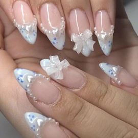 Press on Nails Almond Medium Length-Glossy Full Cover Acrylic French False Nails with Bow Pearl Spot Designs Artificial Pointed Almond Fake Nails with Charms Glue on Fingernails for Women Girls
