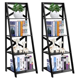 Tangkula 4-Tier Ladder Shelf Bookcase (Set of 2), Leaning Free Standing Wooden Frame Decor Bookshelf, Storage Flower Shelf, Plant Display Shelf for Home Office