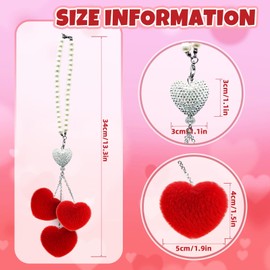 Bling Heart Diamond Car Rear view Mirror Accessories for Women,Pearl Pendant with Love Plush Ball Car Charms Interior Decor,Valentine's Day Gift Lucky Car Mirror Hanging Ornament,Red