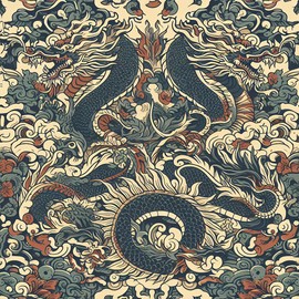 REDAMANCY Vintage Dark Ink/Red Dragon Damask Pattern Japanese Peel and Stick Wallpaper Stick on Contact Paper Vintage Wall Paper Easy Peel Off for nightstand Drawer Cabinet Renter