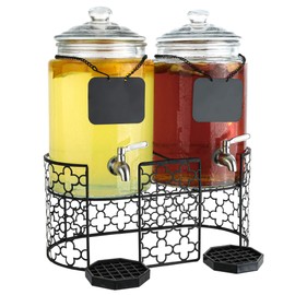 Dual 1.5 Gallon Glass Beverage Dispensers with Decorative Metal Stand, Stainless Steel Spigot, Drips Trays and Hanging Chalkboard Signs - Double Drink Dispenser Station for Parties, Weddings, Holidays
