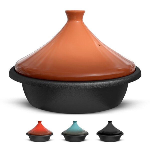 Kook Moroccan Tagine, Enameled Cast Iron Cooking Pot, Tajine with Ceramic Cone-Shaped Closed Lid, 3.3 QT (Terracotta)