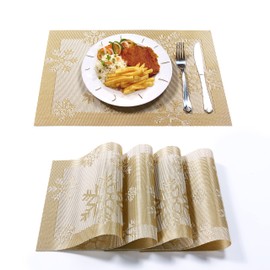 GEFEII PVC Woven Vinyl Non-slip waterproof Moist Heat-Resistant Gold Placemats 4 Pieces of Set Cushion for Kitchen Dining Party Table Mats Place Mats