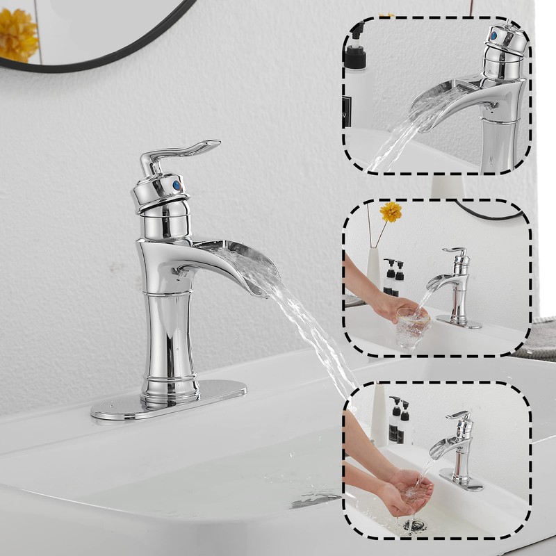 Chrome Bathroom Faucet Waterfall GGStudy Single Handle One Hole Farmhouse