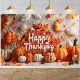 Happy Thanksgiving Backdrop - Autumn Fall Pumpkin Turkey Maple Leaves Banner Decoration for Thanksgiving Party Supplies (#7, 6 X 3.6ft)