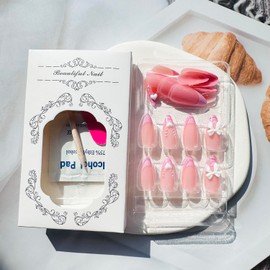 Valentines Press on Nails Almond Pink Fake Nails Medium French Tip False Nails with Heart Bow Pearl Designs Acrylic Nails Bow Glue on Nails Glossy Medium Artificial Nails Stick on Nails for Women