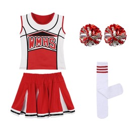LOLANTA Girls’ Red & Blue Cheerleader Costume, Including Poms, Socks, Children's Cheerleader Outfit, Carnival Costume, Red, Size 140