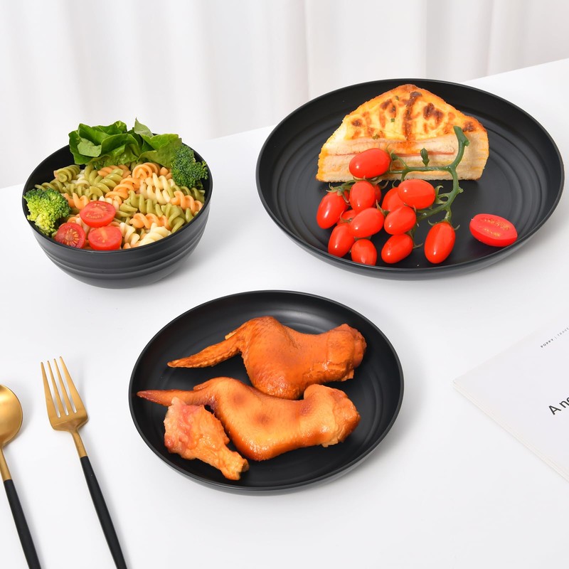 32 Piece Wheat Straw Dinnerware Set - Black Plates and