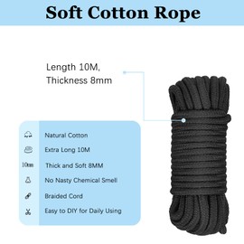 Soft Cotton Rope Cord,10M x4 Thick Cotton Cord, All Purpose Soft Rope Twisted Cotton Knot Tying Rope for DIY Craft Projects Hanging Bundling Rope (Black, White, Purple and Red)