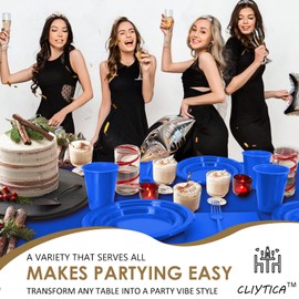 CLIYTICA 50Set Blue Plastic Plates for Party,Disposable Tableware Kit with 50 9'' Plates,50 7'' Dessert Plate,50 Napkins,50 Forks,50 Cups& 2 Tablecloths for Birthday Graduation Picnic