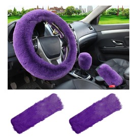 Yourkar 5 PCS Fluffy Steering Wheel Covers Set, Faux Wool Steering Wheel Cover & Handbrake Cover & Gear Shift Cover & 2 Seat Belt Shoulder Pads, Universal Car Accessories (Purple)
