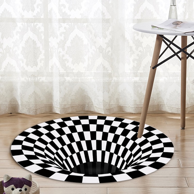Round Black White Grid Carpet 3D Vortex Room Bedroom Anti