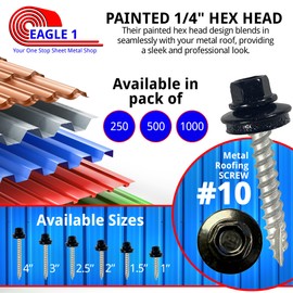 EAGLE 1 Metal Roofing Screws #10 - Painted Hex Head Self-Tapping Screws with EDPM Rubber Washer for Metal to Wood, Vinyl, Small Sheet Metal - Free Magnetic Driver (Black, 2.5 Inch, 1000)