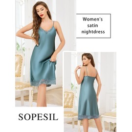 Sopesil Women's Negligees Satin Nightdress Spaghetti Strap Ladies Lace Nighties Chemise Slip V Neck Sleepwear Nightgown, Gray green, M