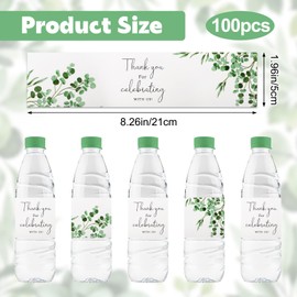 URROMA Wedding Water Bottle Labels Thank You, 100Pcs Greenery Water Bottle Wraps Eucalyptus Leaf Wraparound Labels Water Bottle Stickers for Birthday Bride Shower