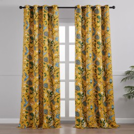 Topfinel 90 Inches Long Curtains & Drapes 2 Panels, Unique Nature Luxury Elegant Colorful Dark Floral Hummingbird Patterned Rustic Mustard Yellow Grommet Drapes for Classroom Room Office Closet 52x90