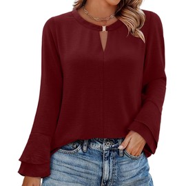 KISSMODA Red Tshirt for Women Long Sleeve Basic Tops Work Elegant Chiffon Double Layered Fancy Office Business Tiered Long Flared Sleeve Blouse Pure Polyester Wine Red XL