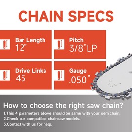Dunhil 4-Pack 12 inch Chainsaw Chains 3/8 LP 050'' Gauge 45 Drive Links 91PX045G S45 for Ryobi CS260 290 300 360 for Husqvarna T435 T540 T540XP for Jonsered CS2236T