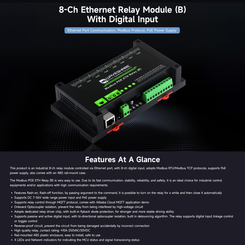 Waveshare 8-Ch Ethernet Relay Module (B) with Digital Input, Modbus