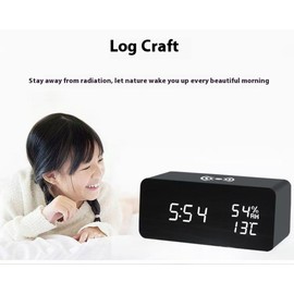 Dewould Wooden Alarm Clock for Bedroom, LED Wooden Charging Alarm Clock,12/24H Time Display,Temperature Display, Dual Alarms for Home/Office/Bedroom（Black）