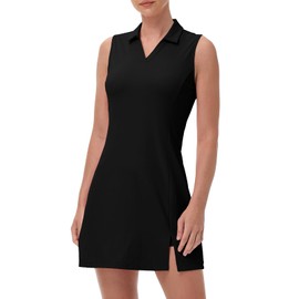 Gopune Womens V-Neck Tennis Dress Sleeveless Side Slit Golf Athletic Dress Build in Shorts with Pockets Black,M