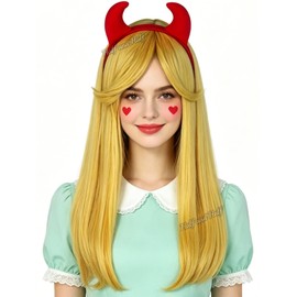 Long Blonde Straight Star Princess Cosplay Wig + Horn Headband for Women