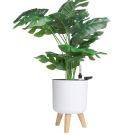 6.5" Self Watering Planters (2 Pack) for Indoor Plants with Water Indicator, White Modern Flower Pot with Wood Stand for Office Home Decor Garden