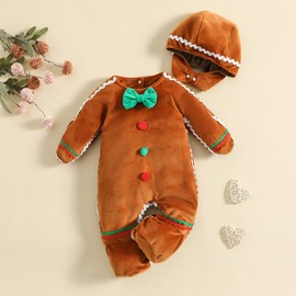 Yoisdtxc Toddler Baby Girl Boy Gingerbread Man Romper Bow Tie Hooded Jumpsuit Fall Winter My First Christmas Outfit With Hat (A-Brown, 0-3 Months)