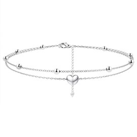 PATISORNA Anklet for Women 925 Sterling Silver Ankle Bracelet 18K White Gold Plated Heart Beads Layer Ankle Bracelet Ajustable Foot Ankle Bracelet Beach Jewelry