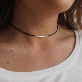 Aneneiceera Punk Bar Black Leather Choker Necklace Leather Chain Gold Bar Choker Boho Black Cord Choker Goth Necklace for Women and Girls Gifts (Gold), Metal