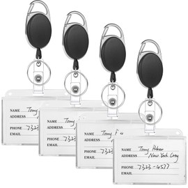 Pack of 4 ID Card Holders with Ribbon, Card Holder, ID Stamp Card Case, Retractable with ID Cover, Hard Plastic for ID Card, Access Cards, Keys