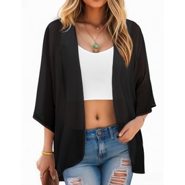 Women's Kimono Cover Ups Tops Solid Color Summer Lightweight Cardigans Beach Boho Sheer Thin Shirts Maternity Black X-Large