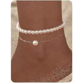 Pearl Anklets for Women Men 2pcs Pearl Beach Cute Ankle Bracelets Charm Beach Beachy Bangle Womens Anklets Jewelry (Silver, One Size)