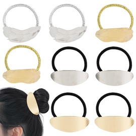 Framendino, 8 Pack Metal Leaf Hair Ties Minimalist Ponytail Holder Ellipse Glossy Elastic Hairtie for Women Gold Silver