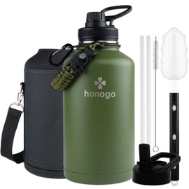 honogo 64 oz Insulated Water Bottle with Straw lid & Spout lid, Stainless Steel Half Gallon Water Flask Jug with Paracord Handle & Carrier bag, Big Vacuum Thermo Canteen, Cold for 48 Hrs