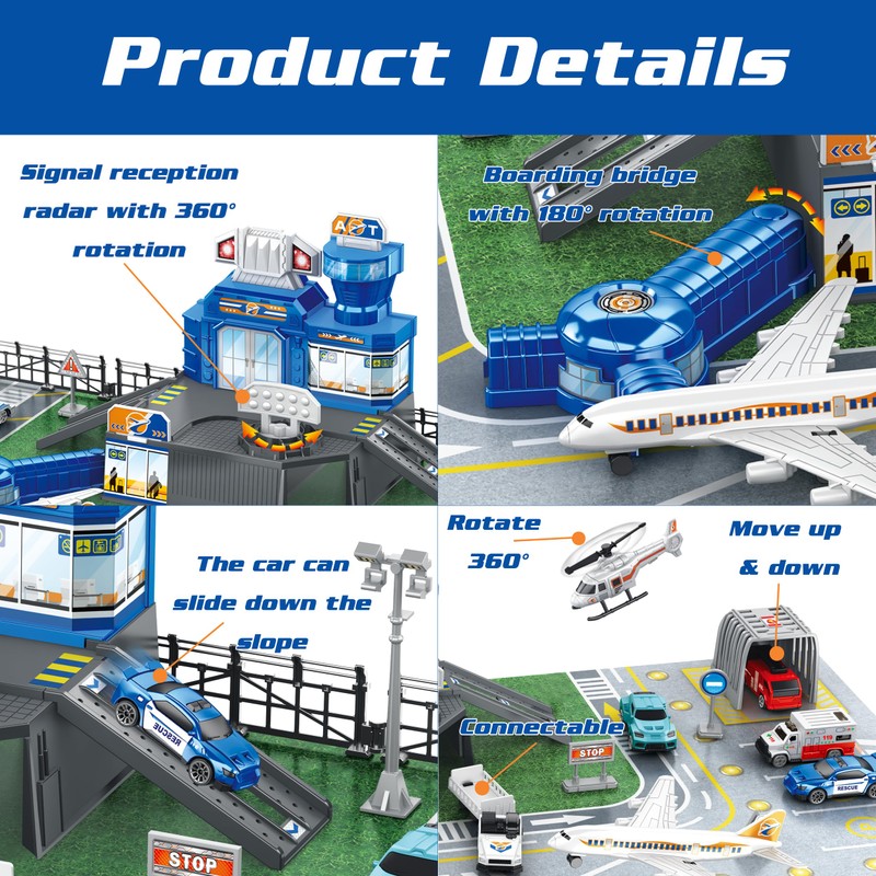 Airplane Toy Set with Trucks, Helicopter, Planes, Signs and Airport