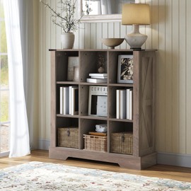 9 Cube Storage Organizer, 3 Tier Bookshelf, Vintage Wood Bookcase with Led Lights, Toy Storage Shelf, Wall Cube Shelves for Bedroom, Kids, Home Office, Living Room (Grey, 9)